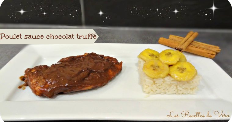 Poulet sauce chocolat truffé accompagné de bananes et riz